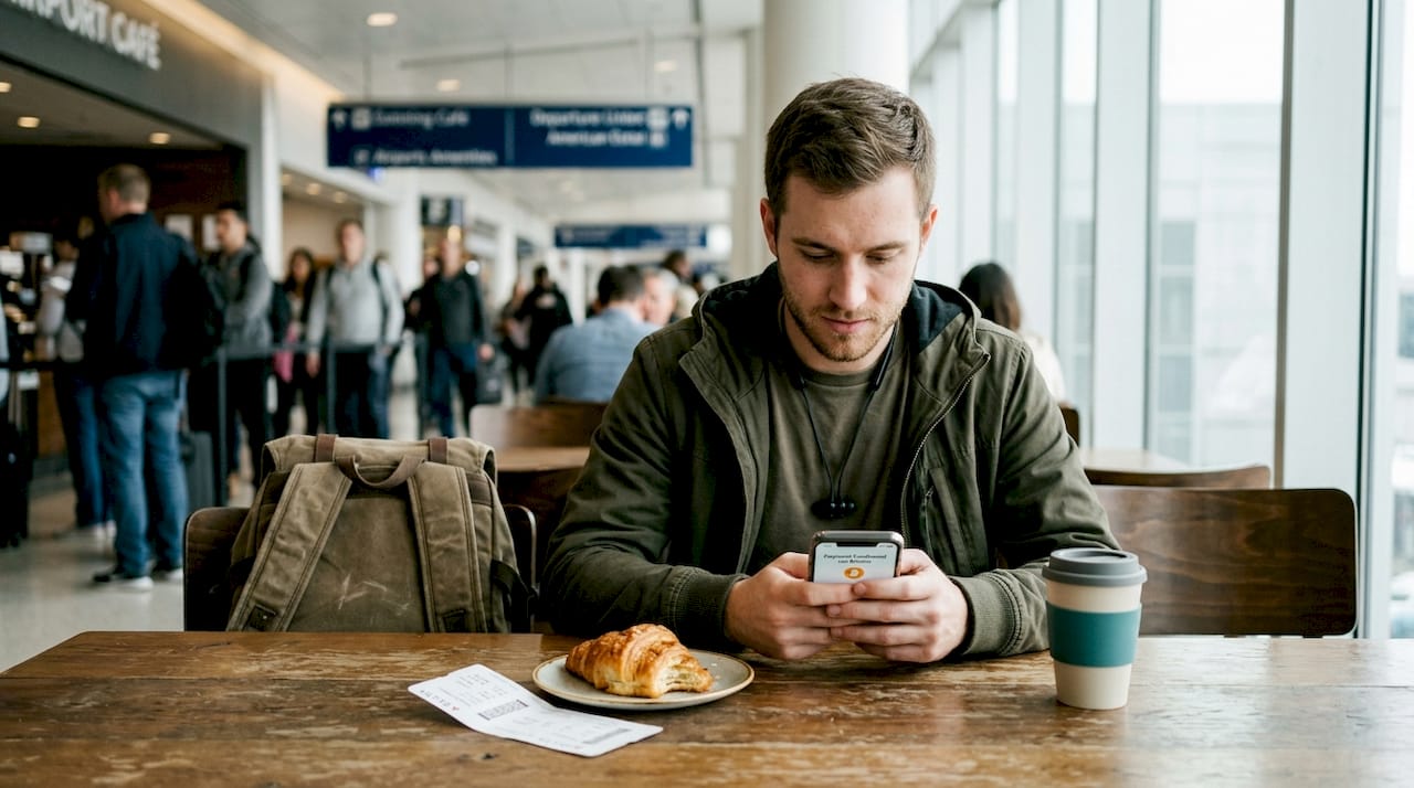 Traveler buying online with Bitcoin in airport café