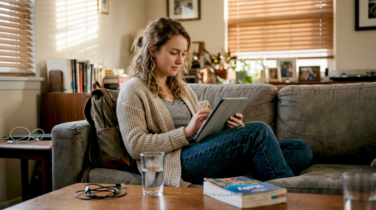 Woman using multi-currency wallet app at home