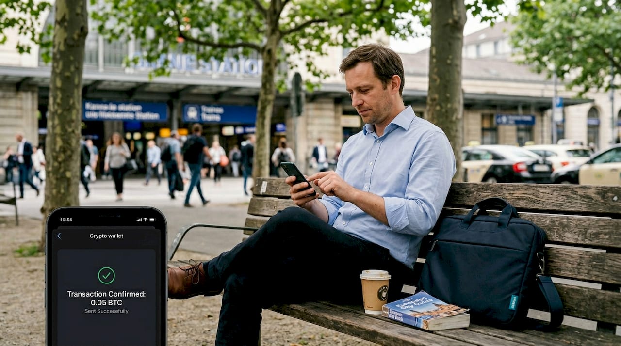 Businessman confirming crypto mobile payment outdoors