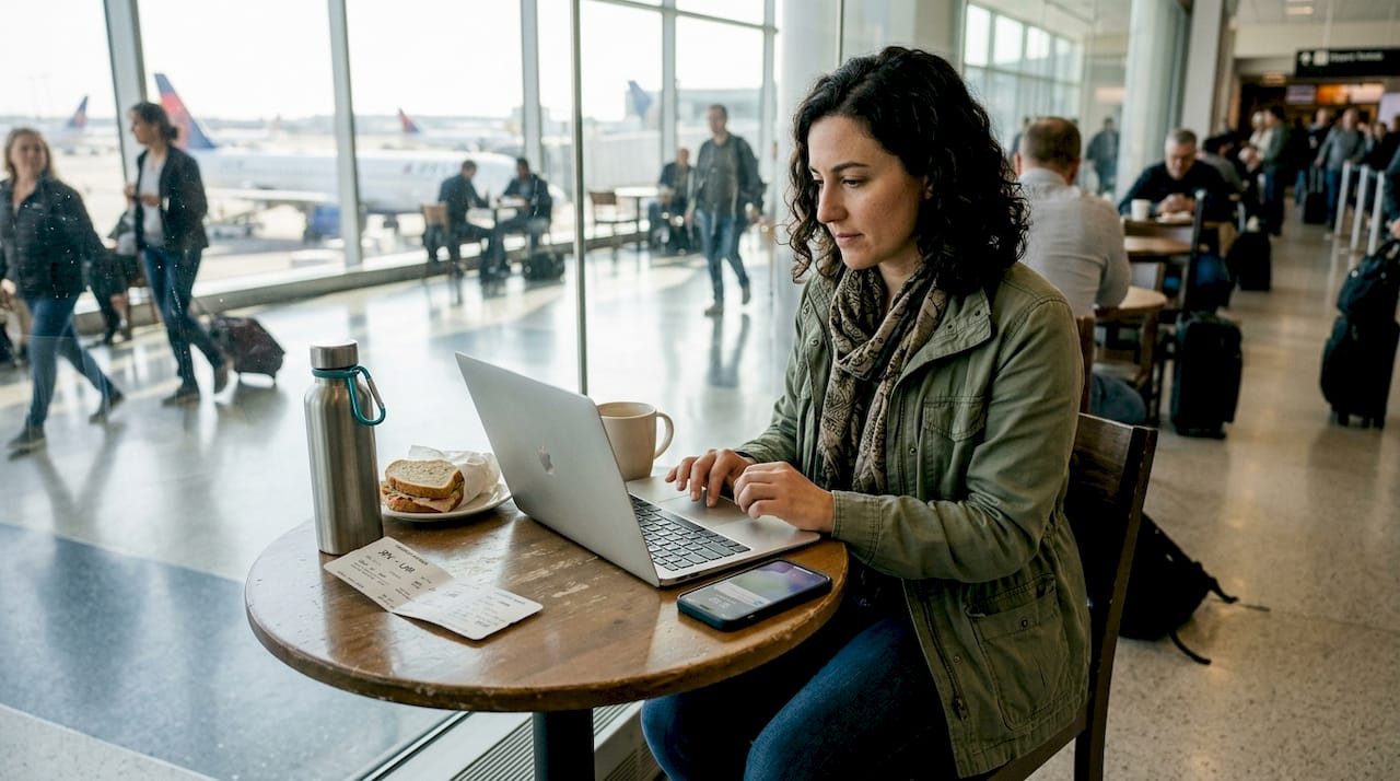 Traveler reviews crypto wallet in airport café
