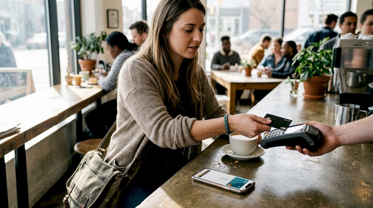 Woman pays with crypto debit card in cafe