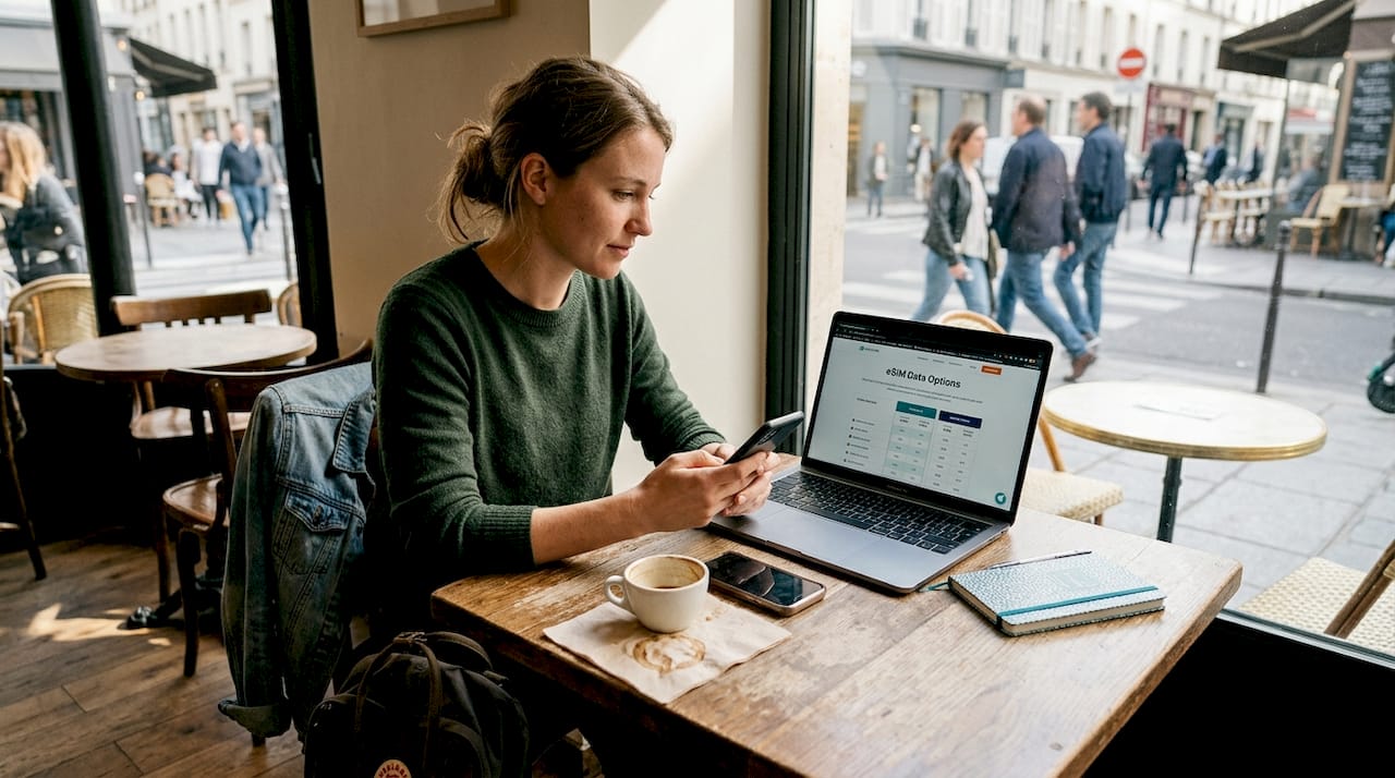 Traveler comparing eSIM plans in café