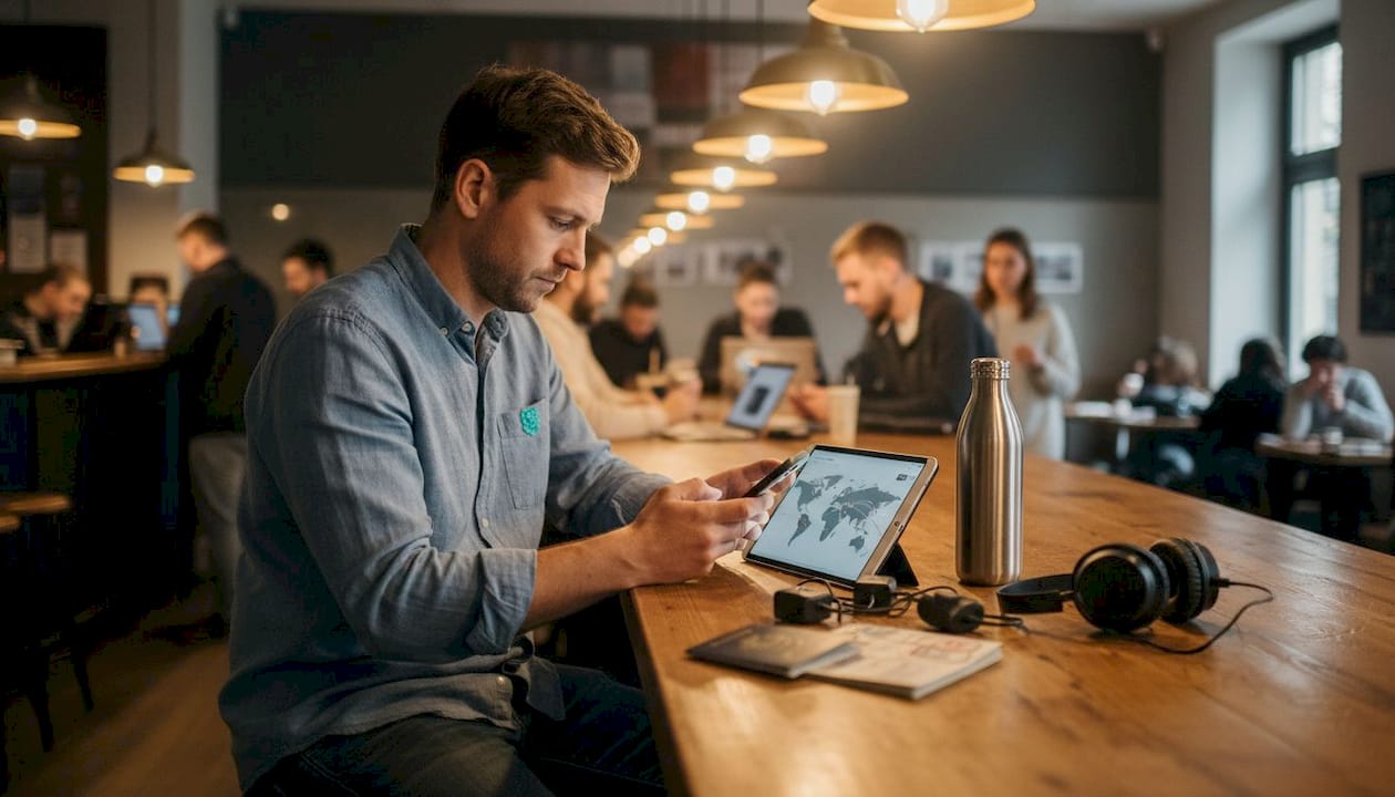 Digital nomad using devices with travel gear