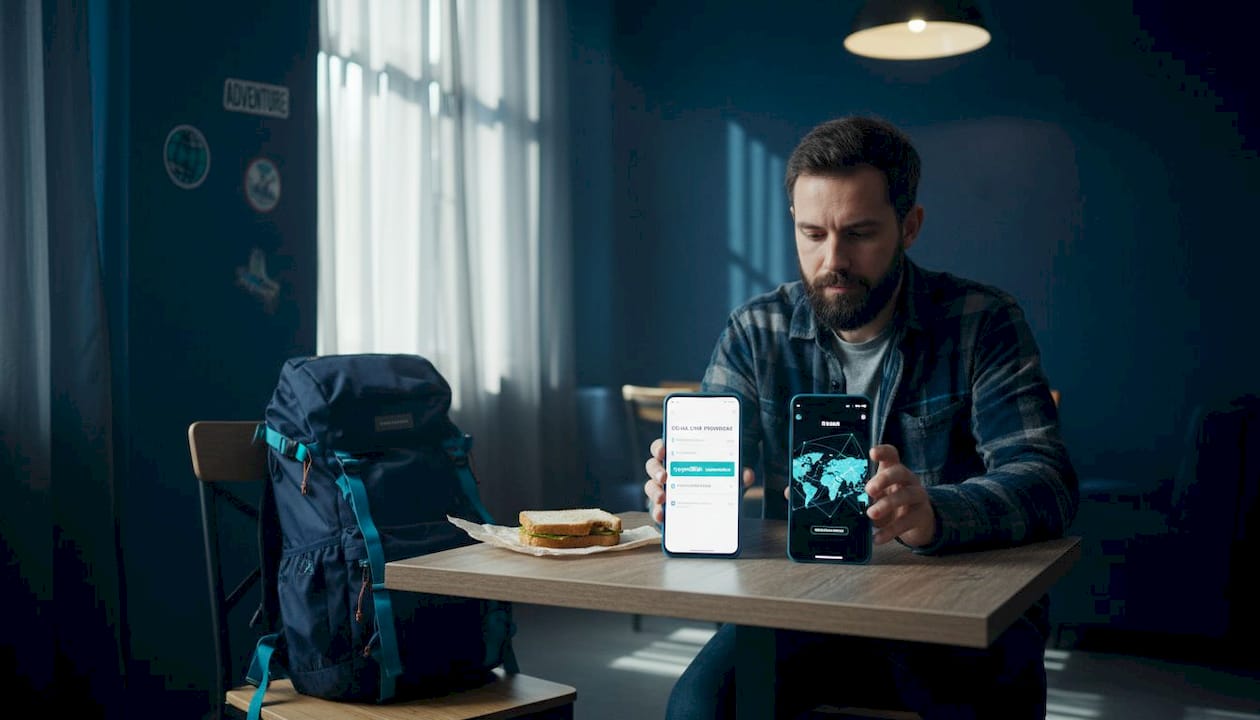 Man comparing eSIMs at hostel lounge