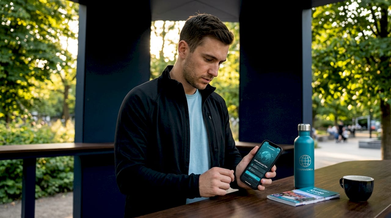 Traveler activating local eSIM plan outdoors
