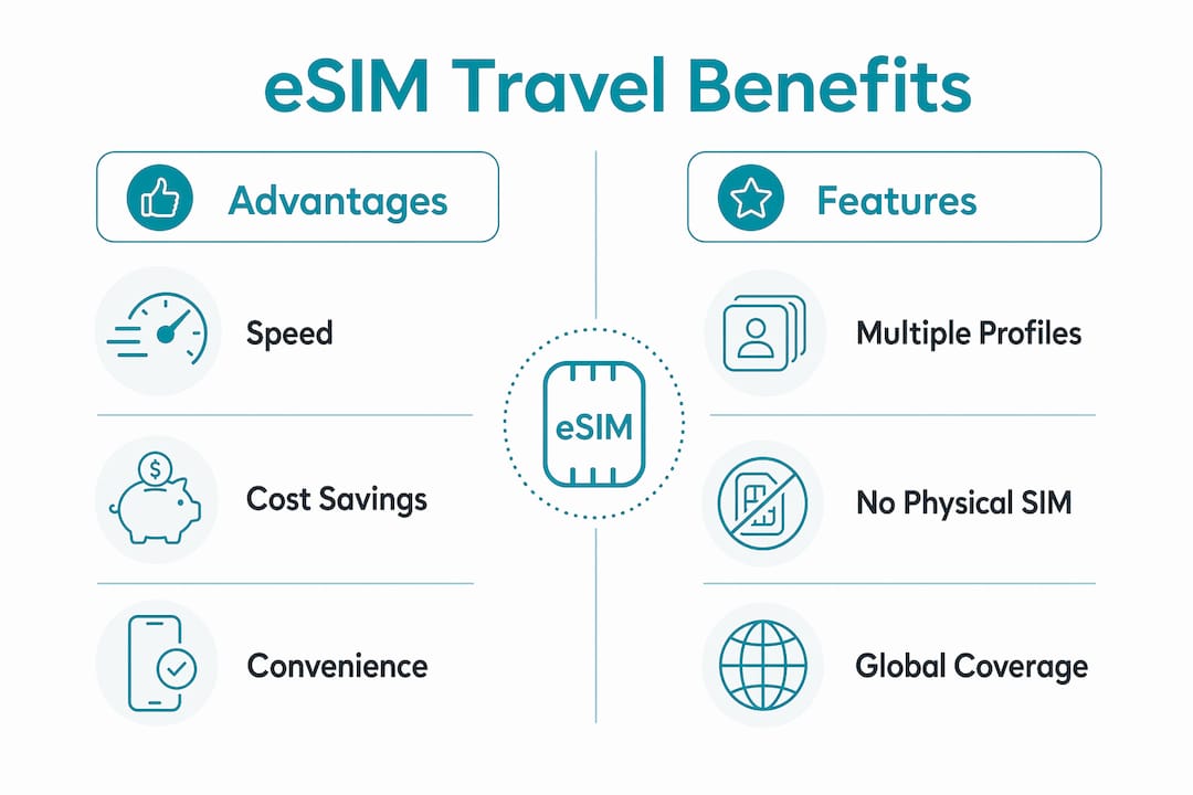Infographic comparing eSIM travel benefits and features