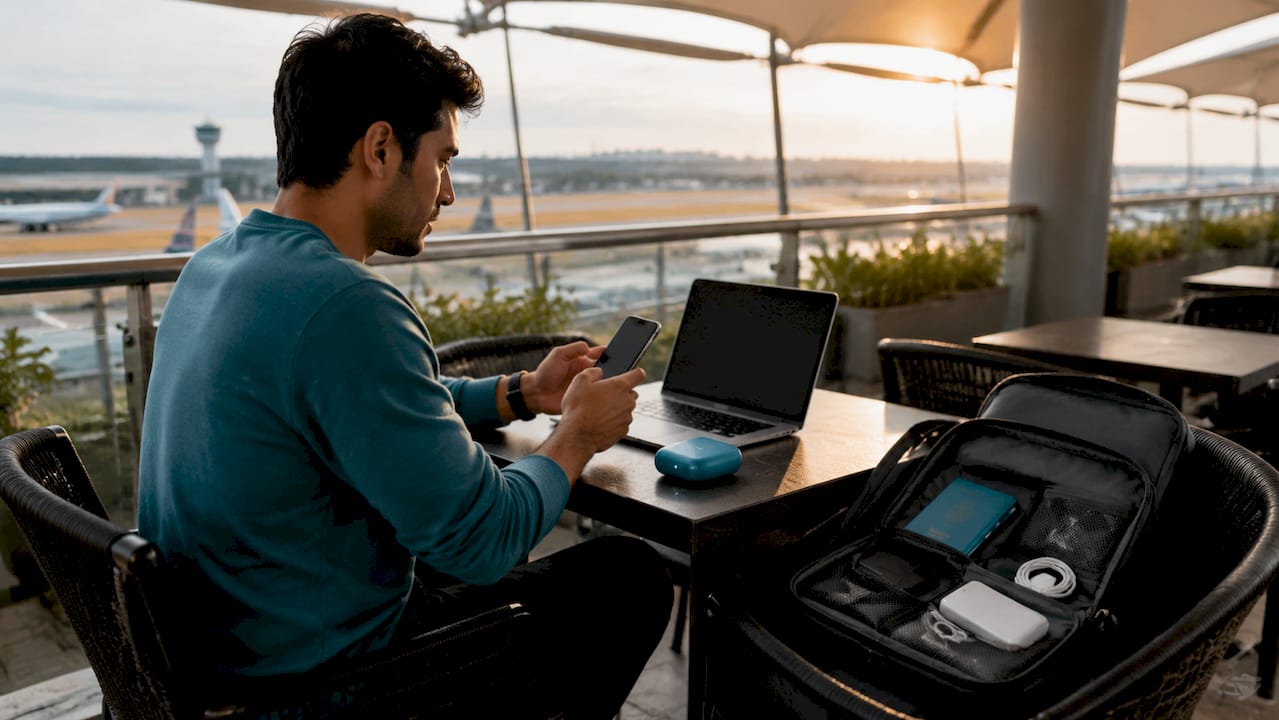 Traveler setting up secure internet at airport lounge