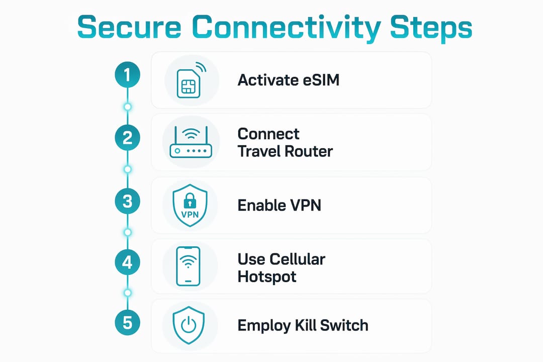Infographic showing steps for secure travel connectivity