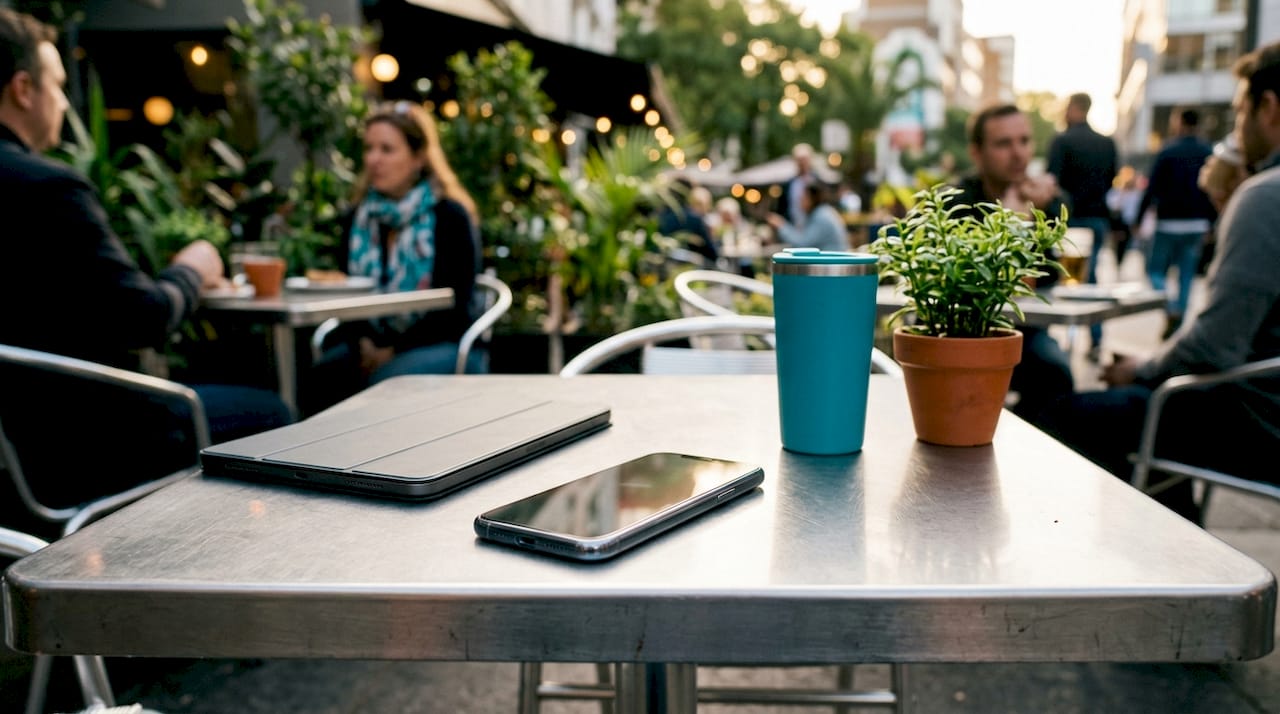 Smartphone on table with notebook and coffee