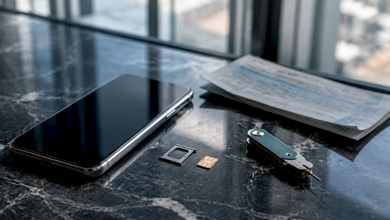 Physical SIM card and travel essentials close-up