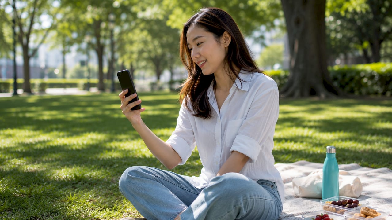 Woman checking eSIM compatible smartphone at desk