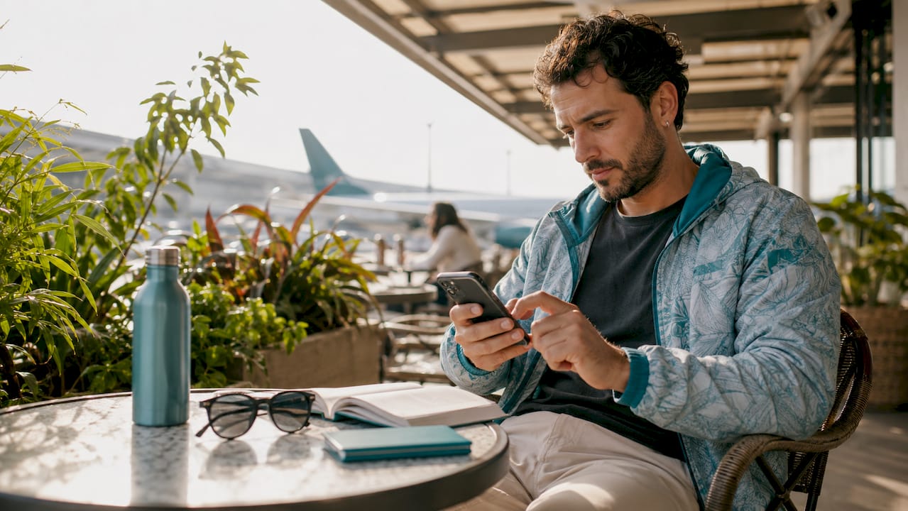 Traveler activating eSIM in airport lounge