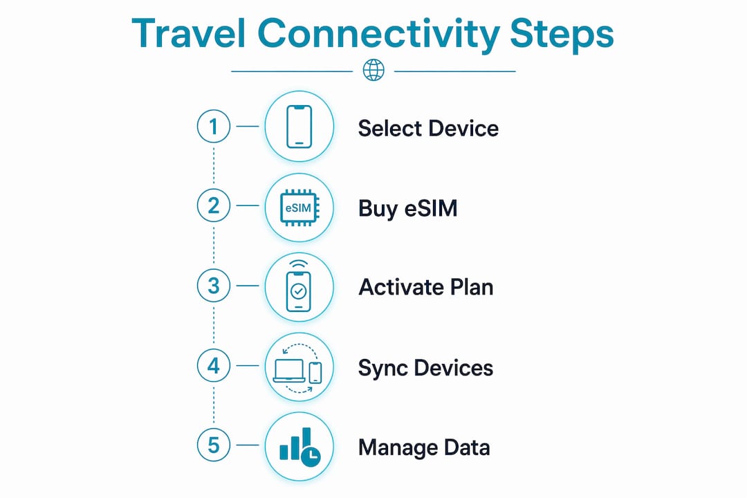 Infographic illustrating travel connectivity workflow steps