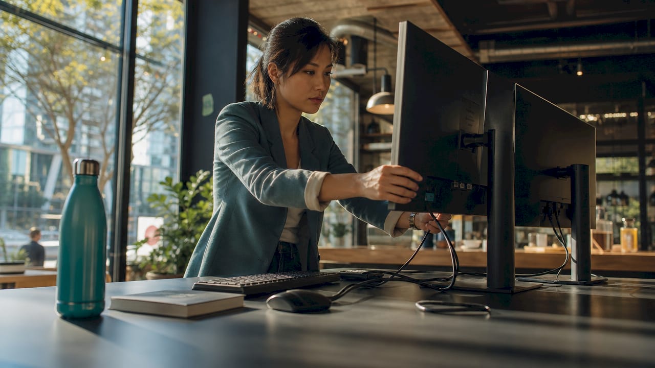 Woman setting up dual monitors and Ethernet connection