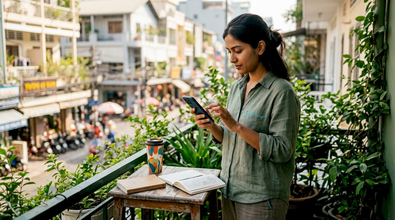 Woman activating eSIM on smartphone outdoors