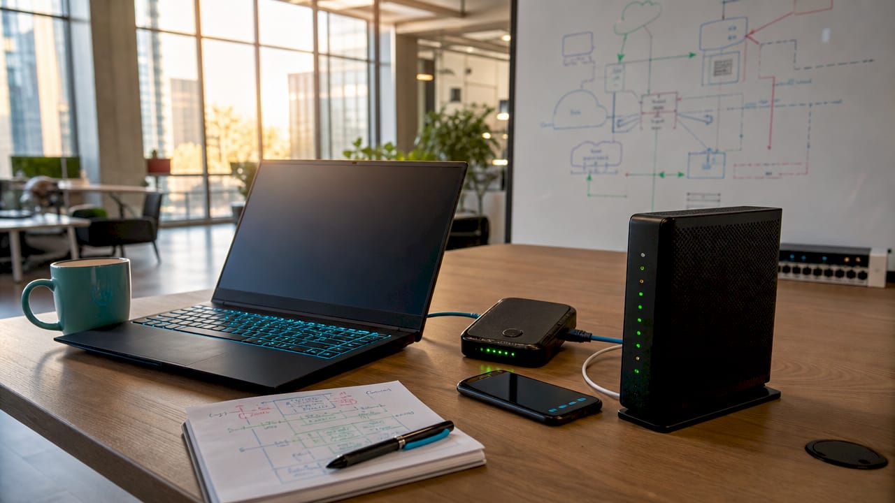 Overhead view of layered internet devices on desk