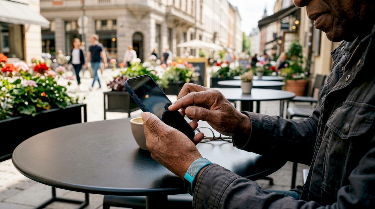 Hands switching eSIM profiles on smartphone outdoors