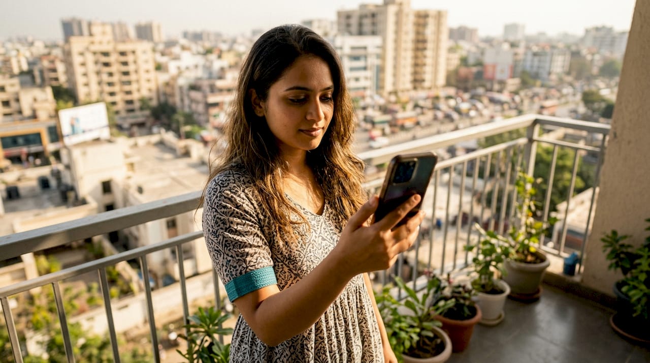 Traveler activating eSIM on smartphone at home