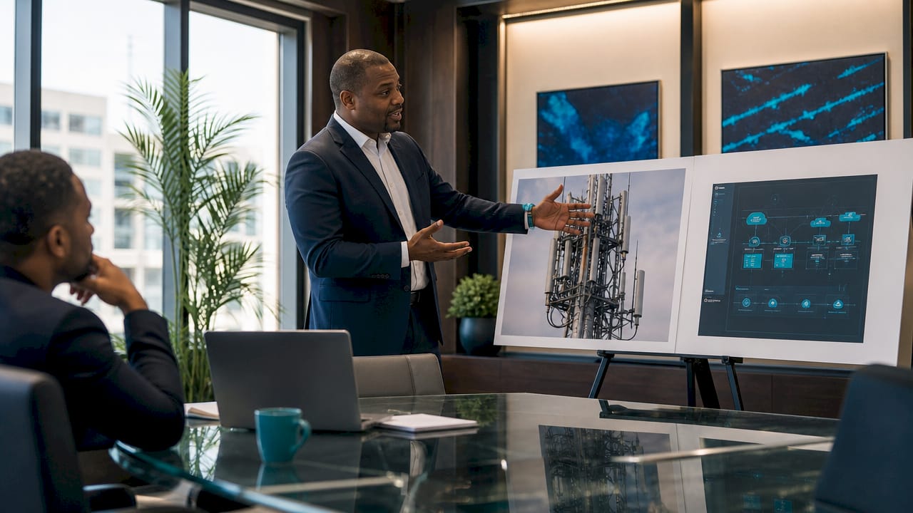 Consultant comparing telecom infrastructure diagrams