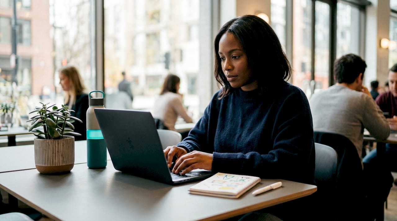 Woman participating in virtual coworking session at home
