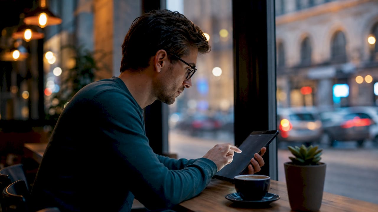 Hands scrolling blockchain transaction on tablet