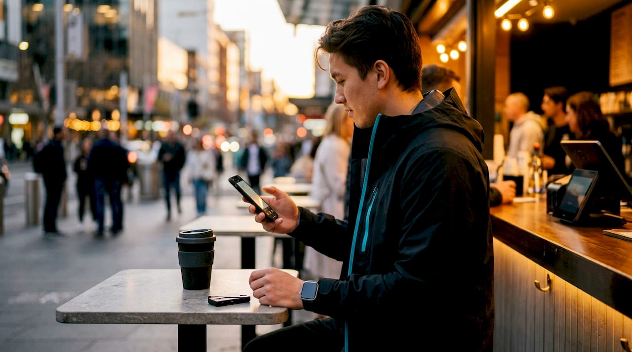 Person using smartphone for crypto payment in café