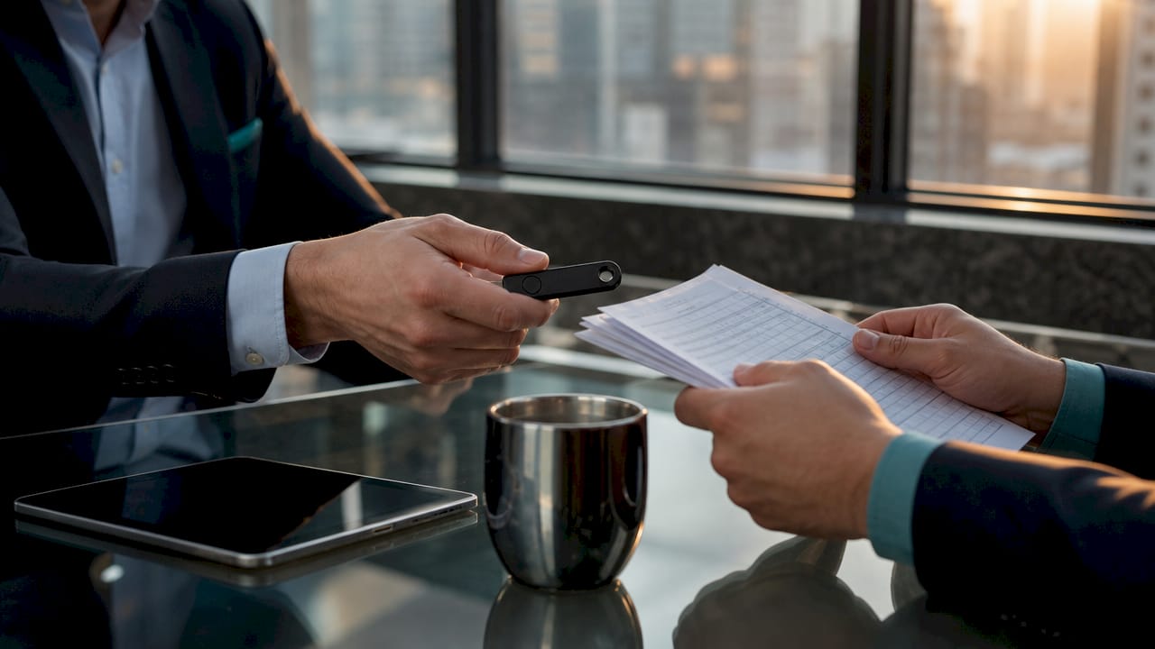 Hands exchanging crypto wallet and bank documents