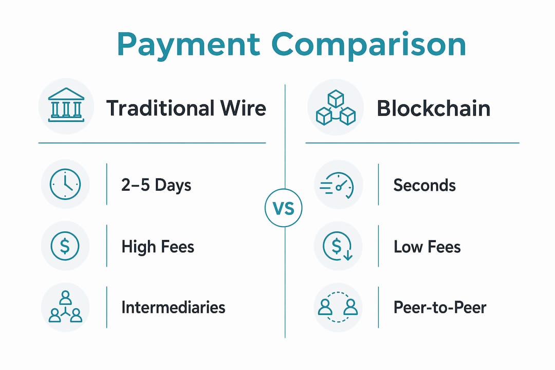 Infographic comparing traditional wire and blockchain payments