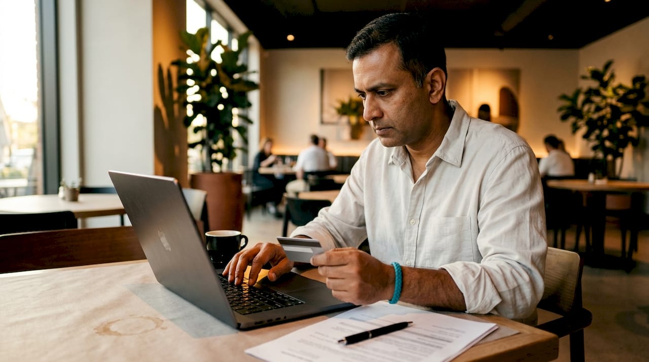 Hands typing Amex details on laptop