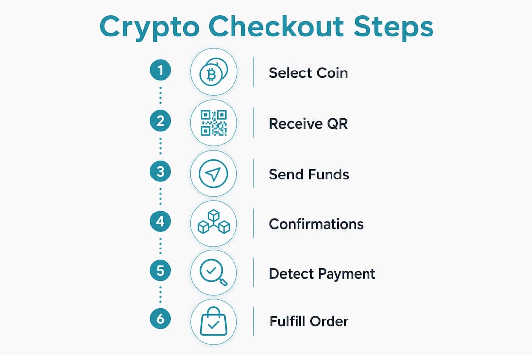 Infographic illustrating six step crypto checkout process
