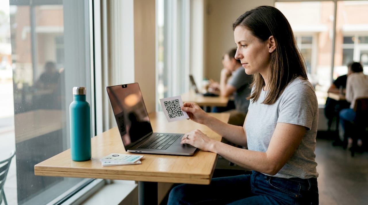 Person scanning crypto checkout QR code at laptop