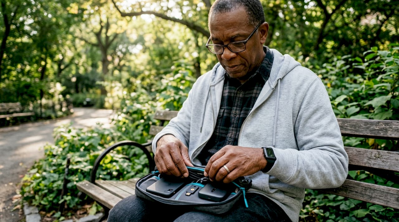 Man preparing travel devices for security at café