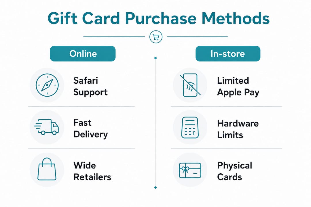Infographic comparing online and in-store gift card purchases with Apple Pay