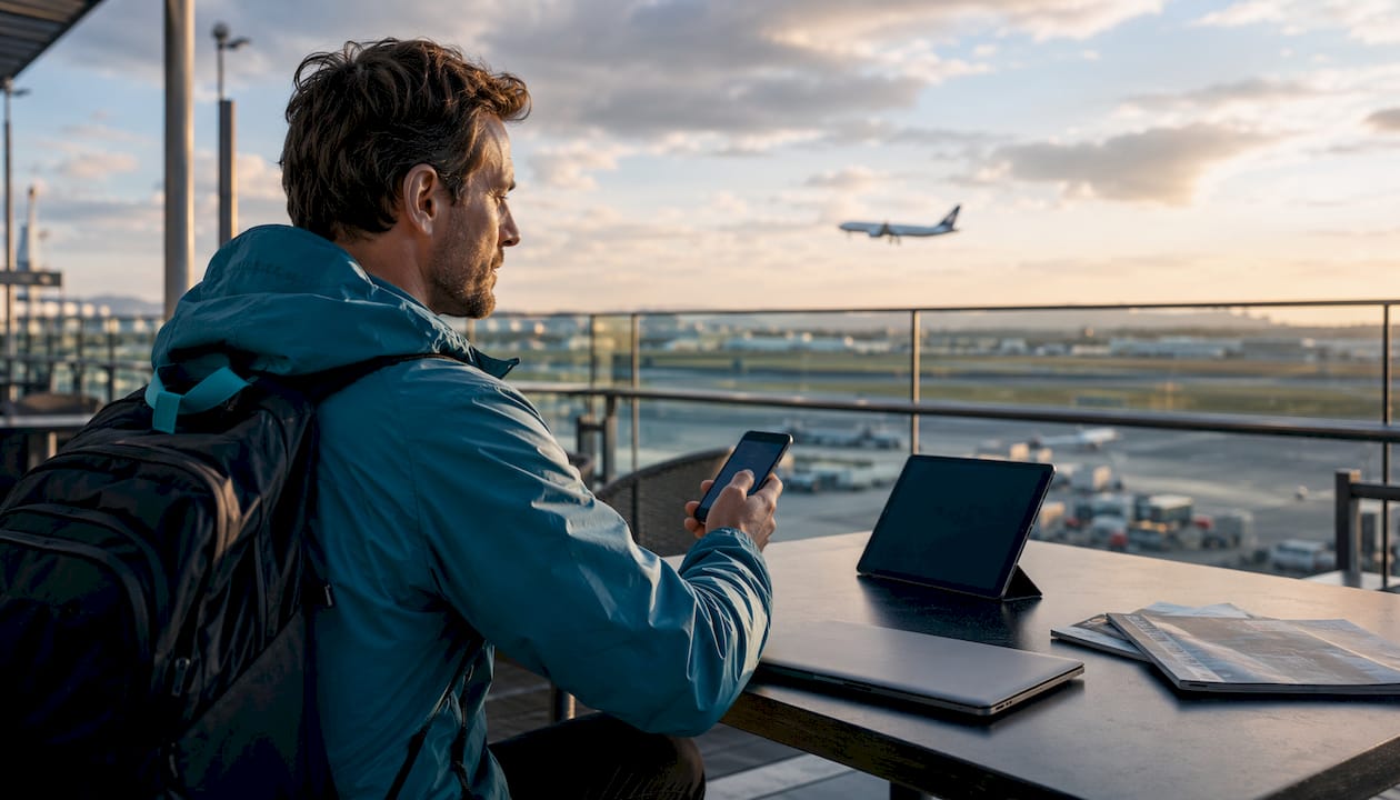 Traveler comparing eSIM options at airport lounge