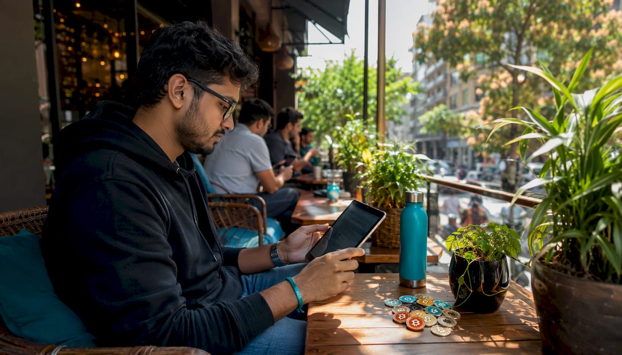 Man analyzing crypto payment volatility data