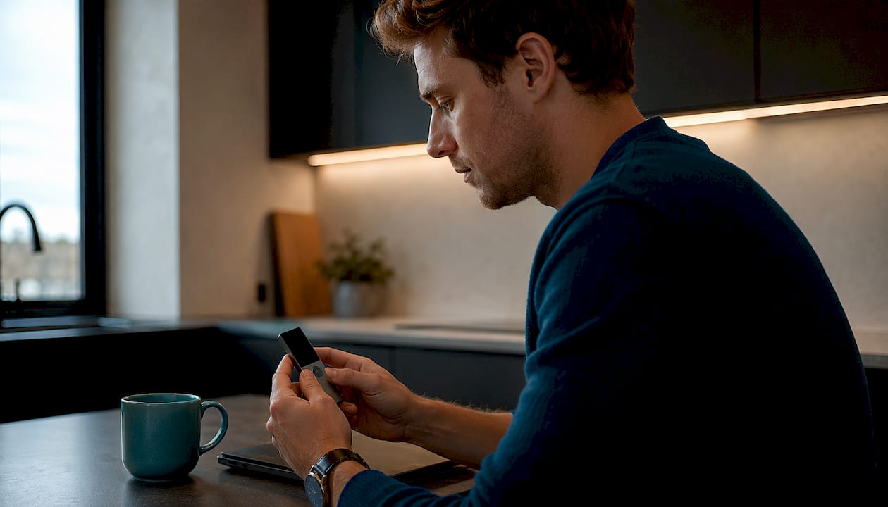 Hands holding hardware wallet device indoors
