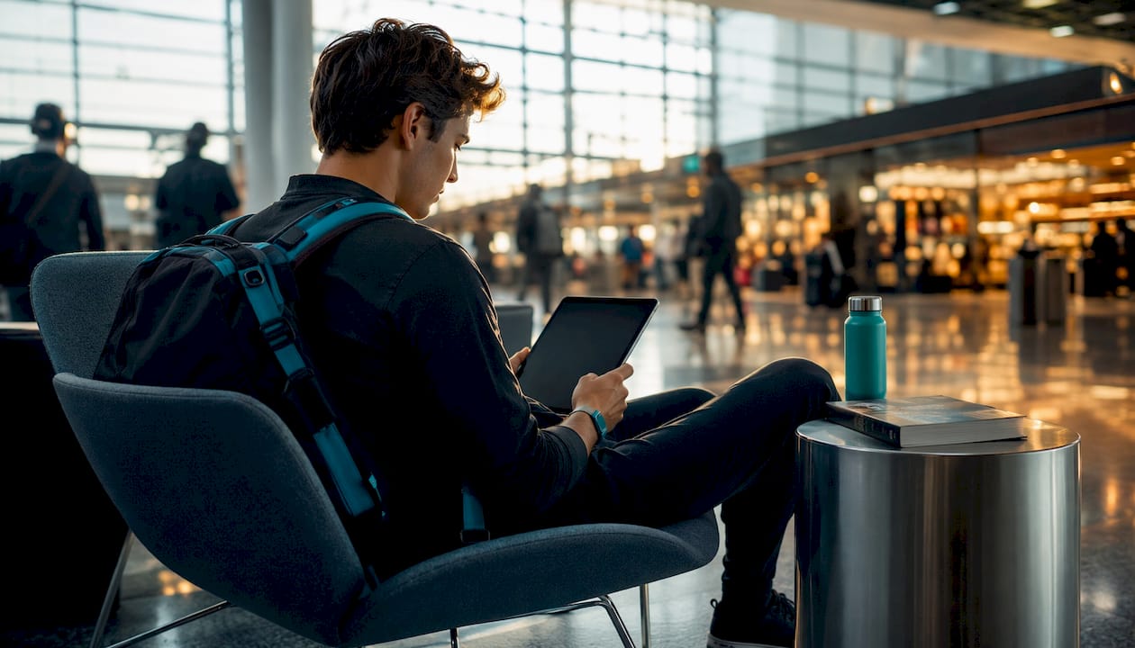 Traveler using eSIM flight app in airport lounge