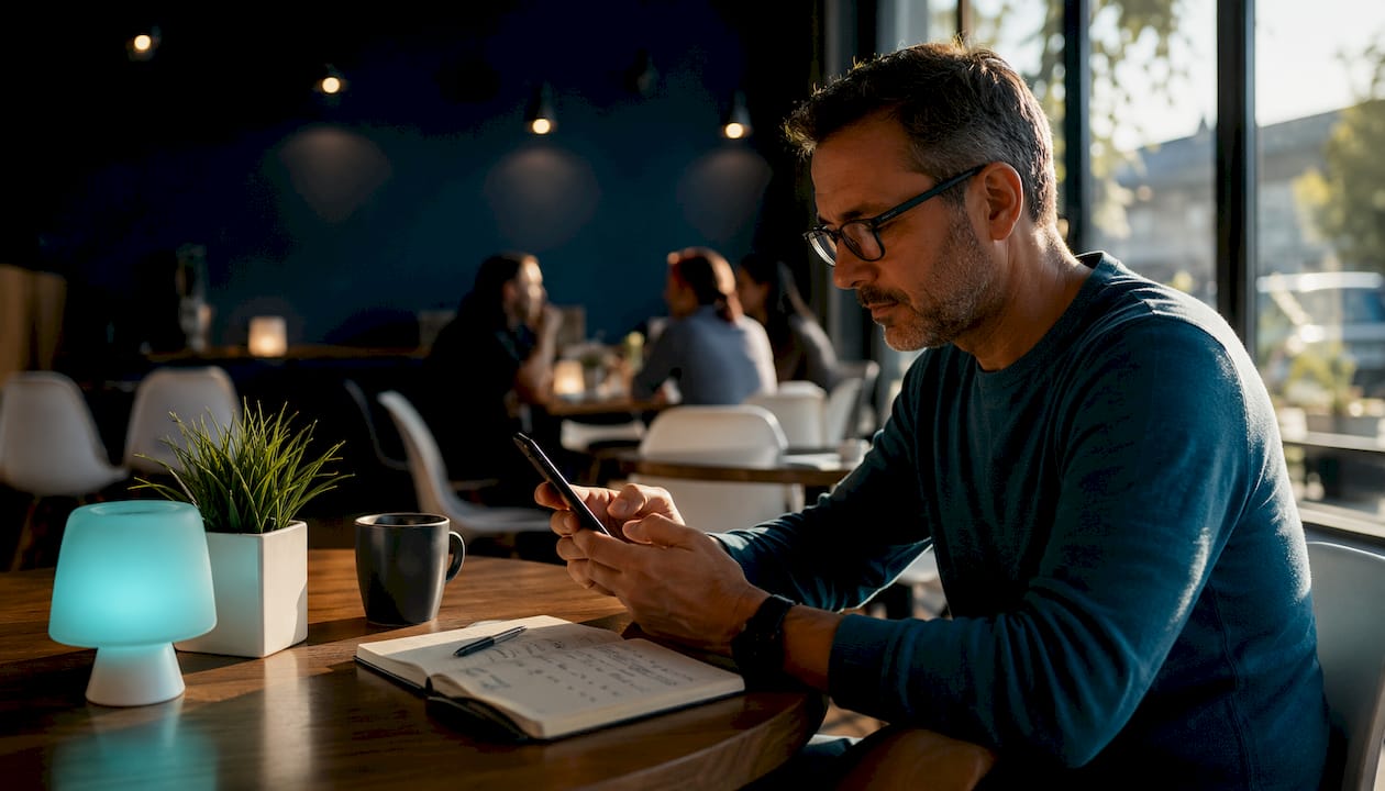 Man checking eSIM security settings at home office