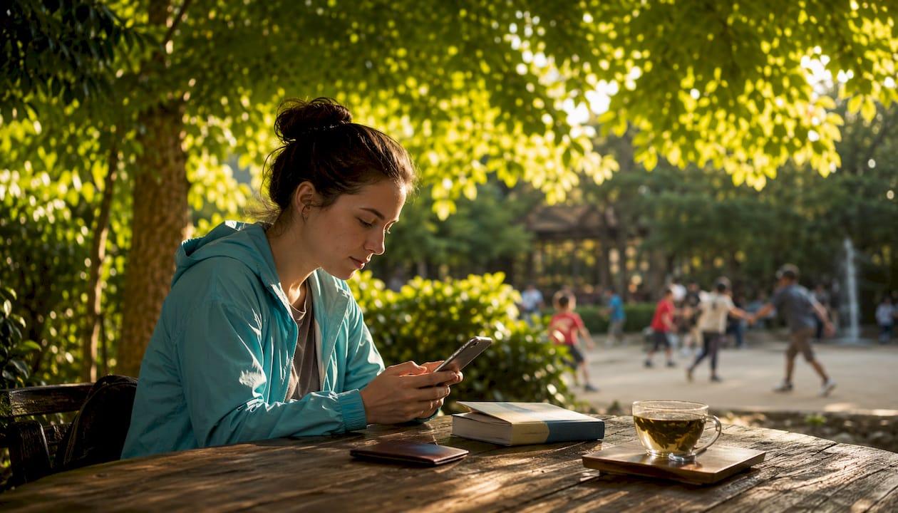 Traveler activating eSIM on smartphone outdoors