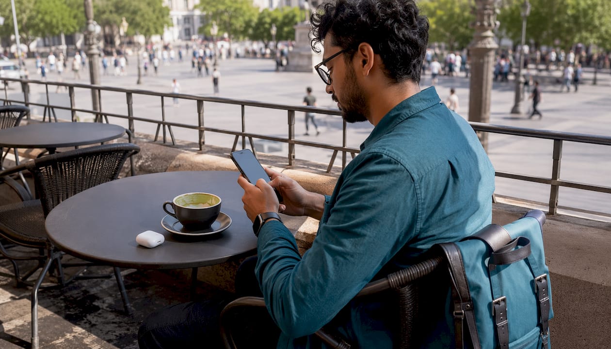 Traveler browsing eSIM plans on smartphone