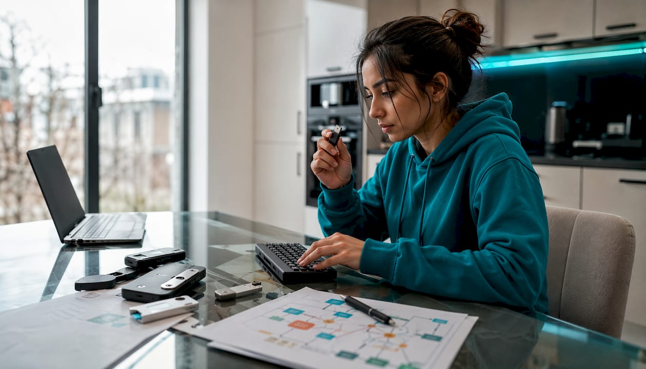 Hands using crypto hardware wallets at desk