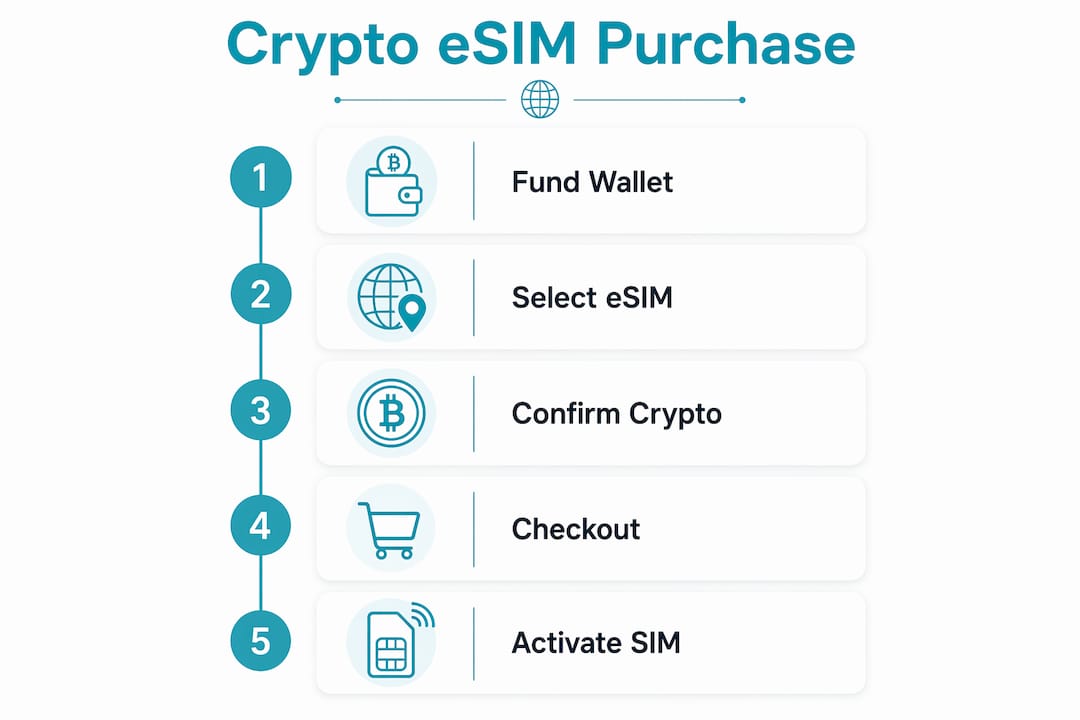 Infographic showing steps to buy eSIM with crypto