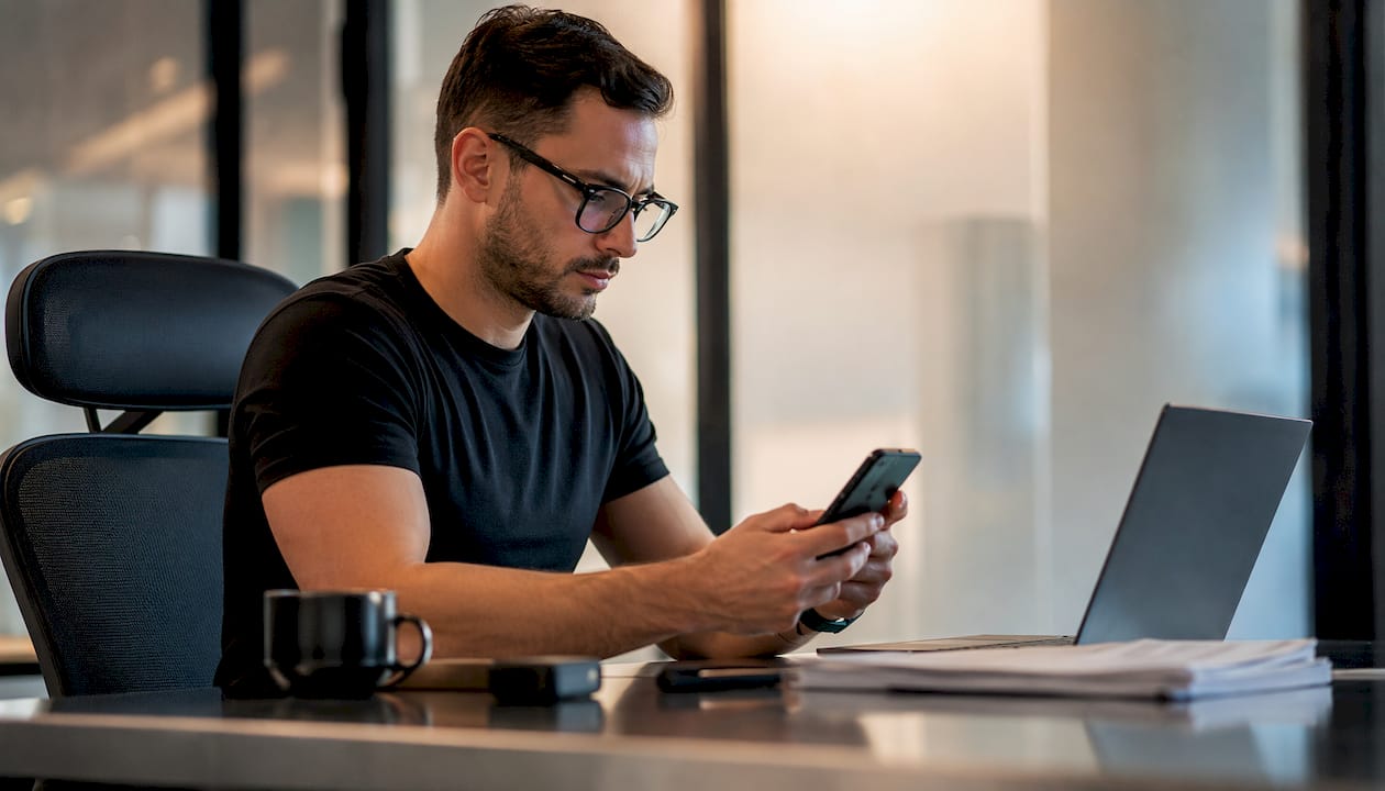 Man verifying blockchain crypto transaction at home