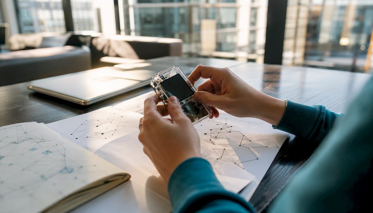 Hands holding e-wallet device in fintech office