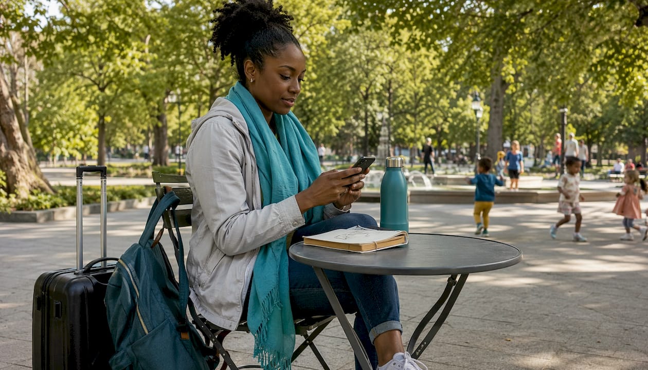 Traveler paying with crypto on phone outdoors