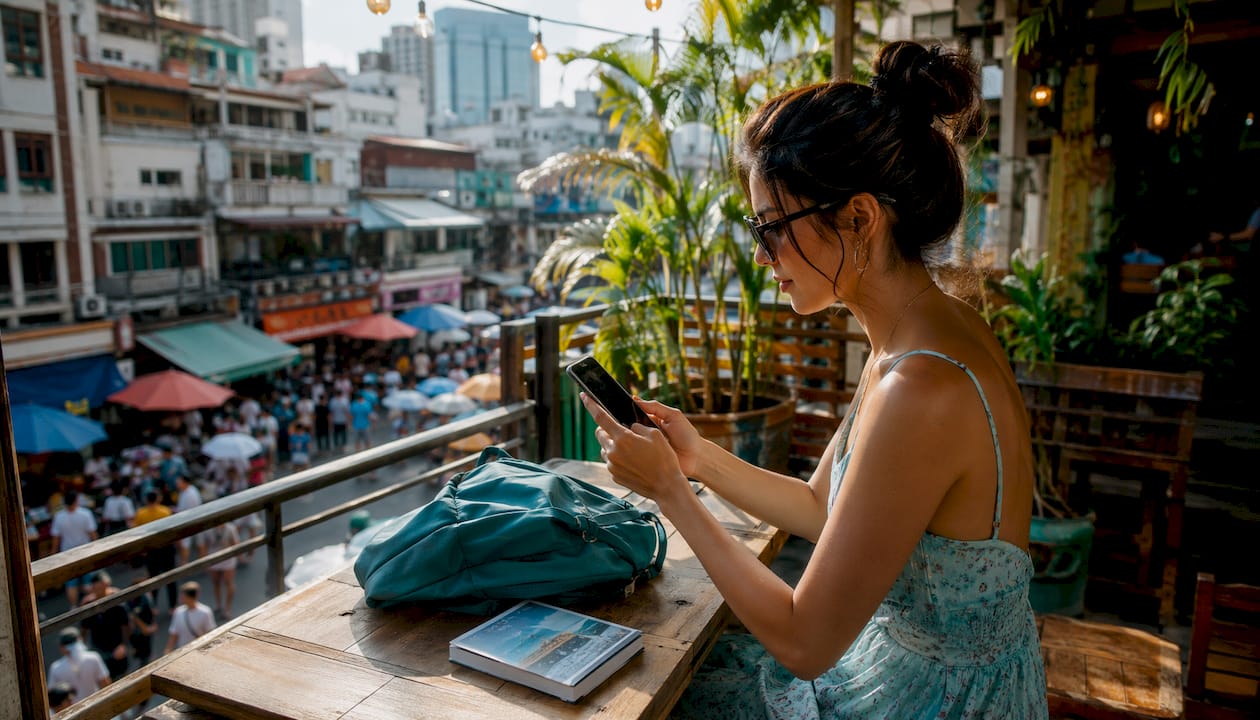 Traveler purchasing eSIM with phone in busy outdoor market