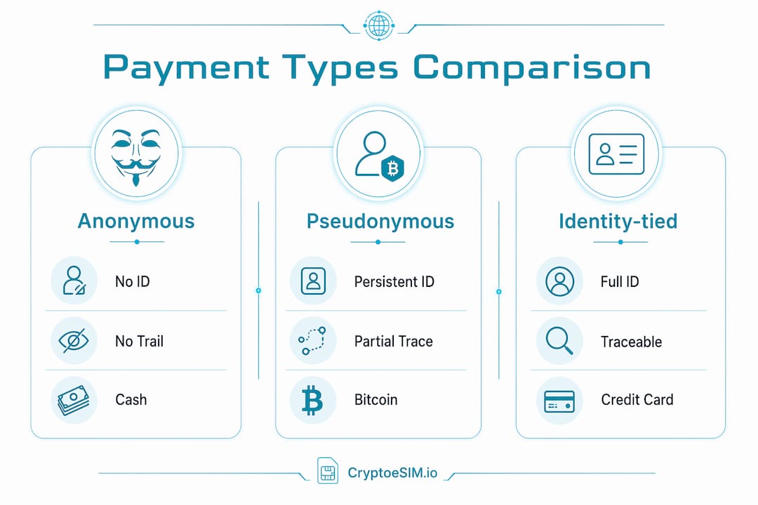 Infographic comparing anonymous, pseudonymous, and identity-tied payments