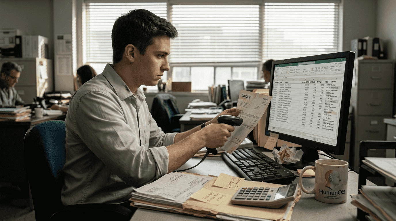 Staff processing invoice at busy office desk