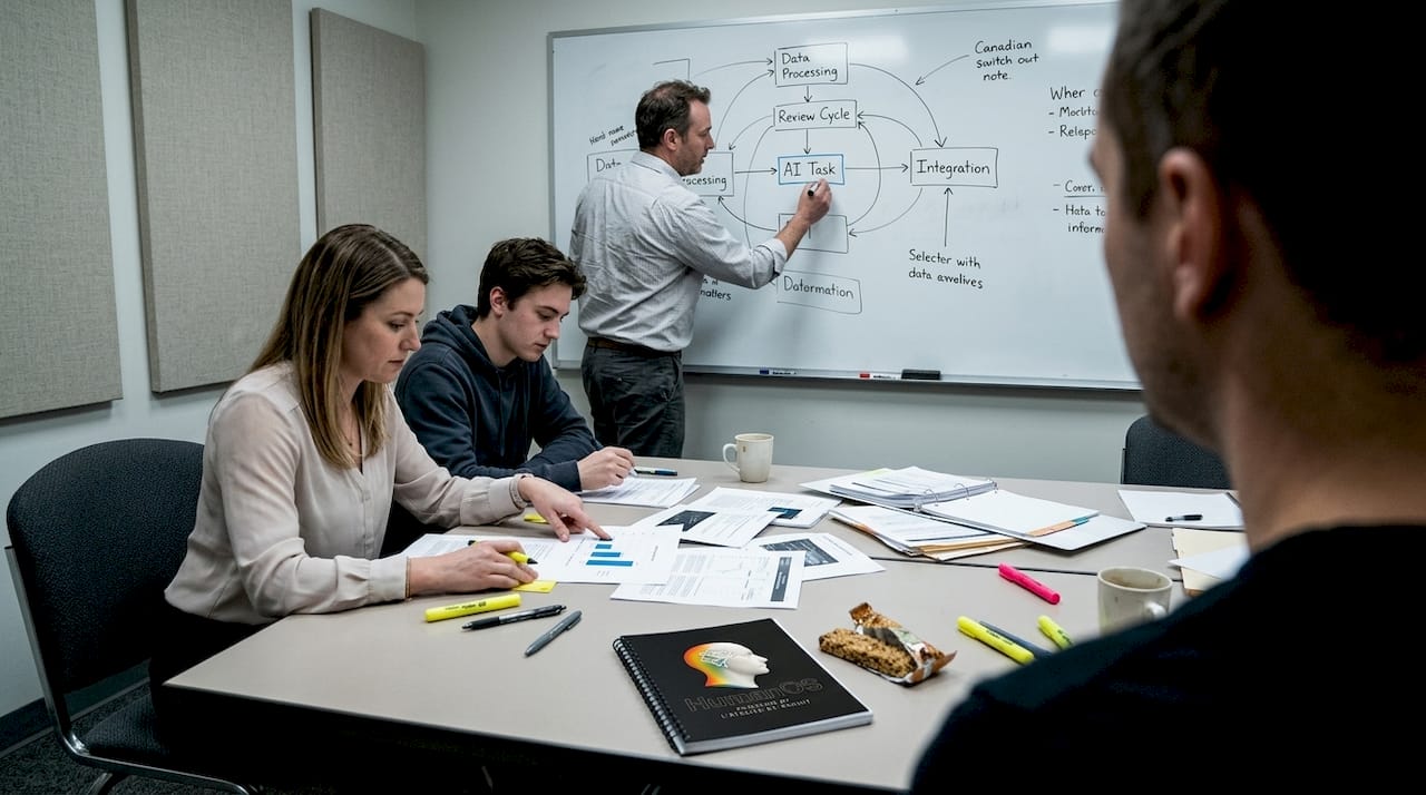 Coworkers mapping AI workflow together