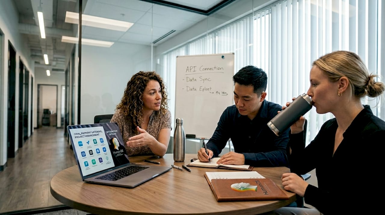 Team collaborating on software integration options